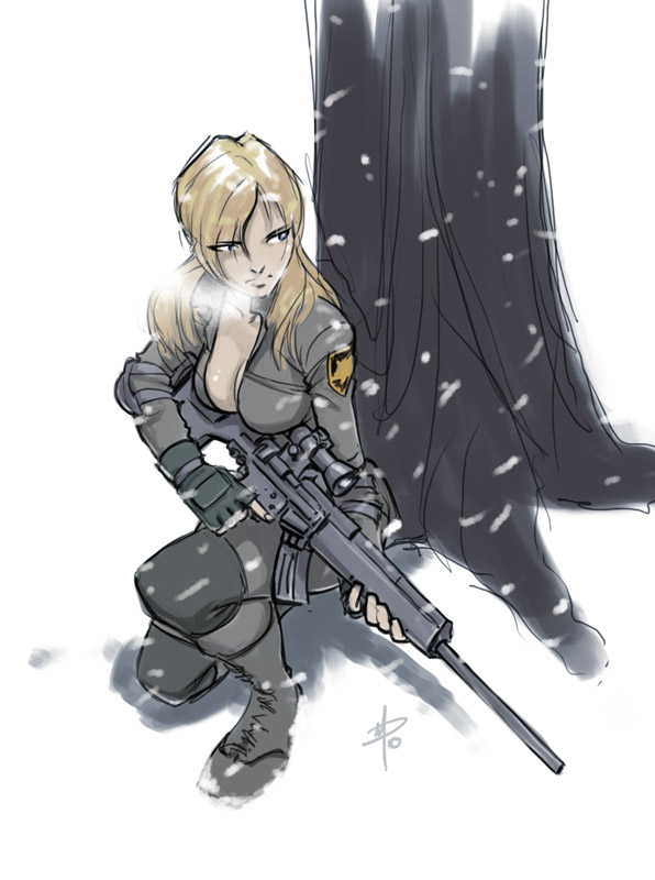 1girl blonde_hair blue_eyes boots breasts cleavage daniel_macgregor elbow_pads female_soldier fingerless_gloves gloves gun jacket knee_pads kneeling long_hair metal_gear_(series) metal_gear_solid military open_clothes open_jacket rifle scope shadow sniper_rifle sniper_wolf snow soldier solo tree trigger_discipline weapon