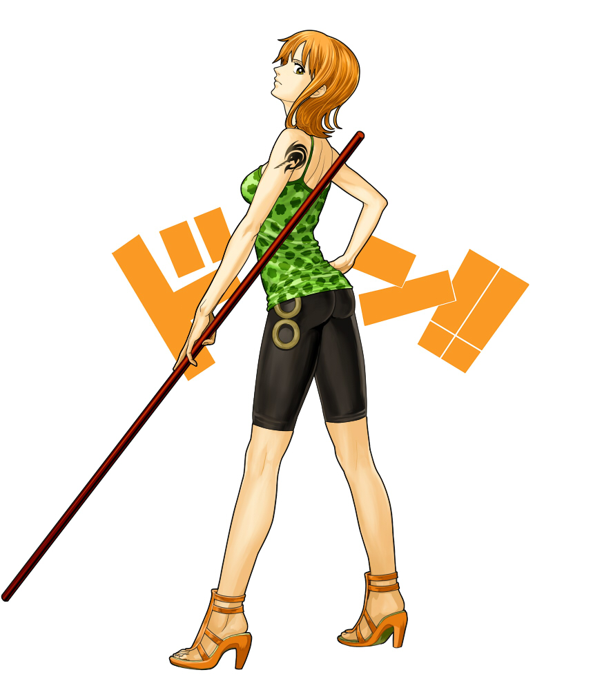 1girl ass bare_arms bike_shorts black_shorts closed_mouth east_blue female full_body green_shirt hand_on_hip high_heel_sandals high_heels hips holding holding_staff jolly_roger looking_back nami_(one_piece) no_socks one_piece open_shoes orange_footwear orange_hair over_shoulder pirate pole polearm sandals shirt shoes shorts simple_background sleeveless sleeveless_shirt solo staff standing suyu38 tank_top tattoo weapon white_background