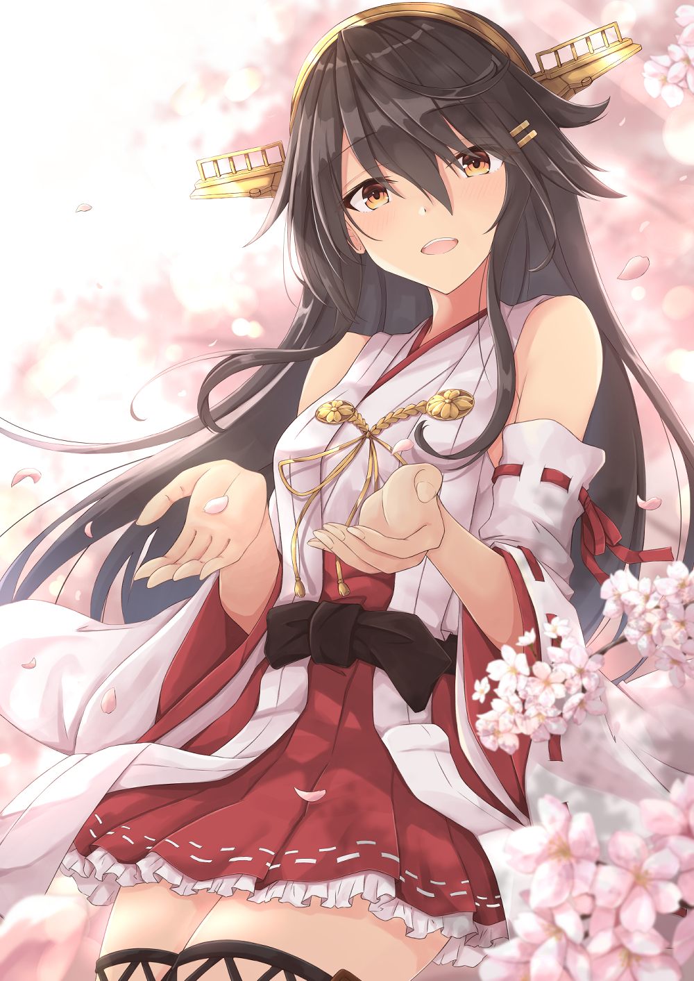 1girl :d bare_shoulders black_hair boots brown_eyes cherry_blossoms cowboy_shot detached_sleeves eyebrows_visible_through_hair gensoukitan hair_ornament hairclip haruna_(kantai_collection) highres kantai_collection long_hair looking_at_viewer nontraditional_miko open_mouth pleated_skirt red_skirt remodel_(kantai_collection) skirt smile solo thigh-highs thigh_boots