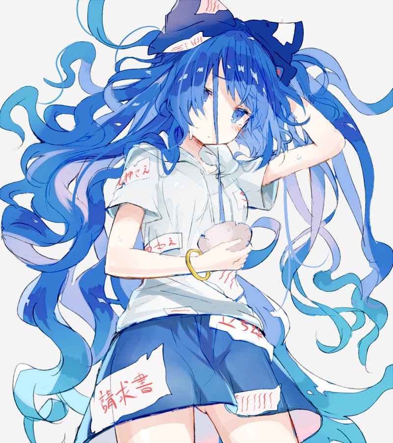 1girl bangle blue_bow blue_eyes blue_hair blue_skirt bow bowl bracelet cowboy_shot debt floating_hair grey_background hair_bow hand_up holding hood hood_down hoodie jewelry long_hair looking_at_viewer miniskirt nuudoru simple_background sketch skirt solo standing touhou very_long_hair yorigami_shion