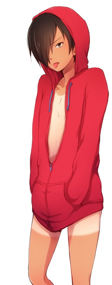 1boy black_hair bottomless brown_eyes hair_over_one_eye hood hoodie ikezawa_kazuma male_focus naked_hoodie open_clothes open_mouth open_shirt shirt short_hair solo summer_wars tan tanline tongue tongue_out tsukuru_(seki_sabato) zipper