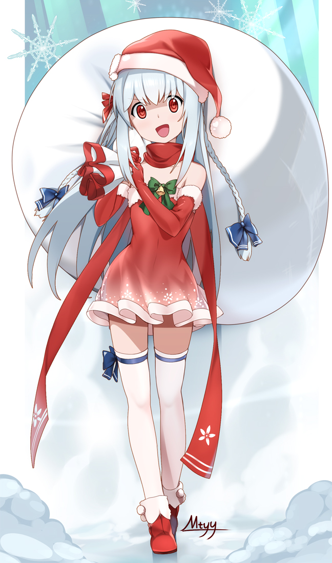 &gt;:d 1girl :d artist_name bell blue_background blue_bow blue_hair blue_ribbon bow braid carrying_bag carrying_over_shoulder christmas dress elbow_gloves floral_print fubuki_(zhan_jian_shao_nyu) full_body fur_trim gloves green_bow green_ribbon hat long_hair looking_at_viewer mtyy navel open_mouth red_bow red_dress red_eyes red_gloves red_hat red_ribbon red_scarf red_shoes ribbon sack santa_costume santa_hat scarf shoes signature smile snow snowflakes solo text thigh-highs twin_braids walking white_background white_legwear zettai_ryouiki zhan_jian_shao_nyu