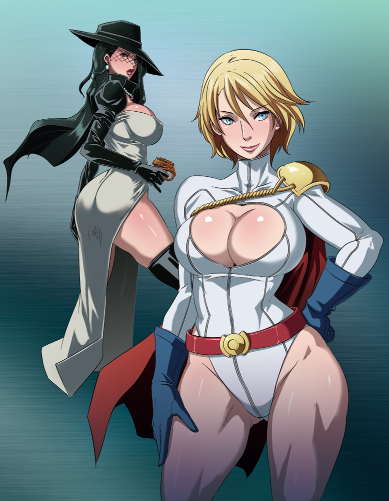 2girls ass beltskirt black_hair blonde_hair blue_eyes blue_gloves breasts buckle butcha-u cape cleavage cleavage_cutout dc_comics earrings gloves gun hand_on_hip hand_on_thigh hat huge_ass huge_breasts jewelry kryptonian leotard lips madame_mirage multiple_girls necklace power_girl side_slit thigh-highs top_cow veil weapon