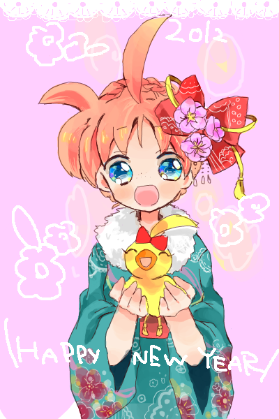 00s 10s 1girl 2012 ahiru ahiru_(duck) ahoge alternate_hairstyle bad_id bird blue_eyes bow closed_eyes dual_persona duck english flower freckles hair_bow hair_flower hair_ornament hair_up happy_new_year holding japanese_clothes nekoto_rina new_year no_nose open_mouth pink_hair ppppa princess_tutu smile