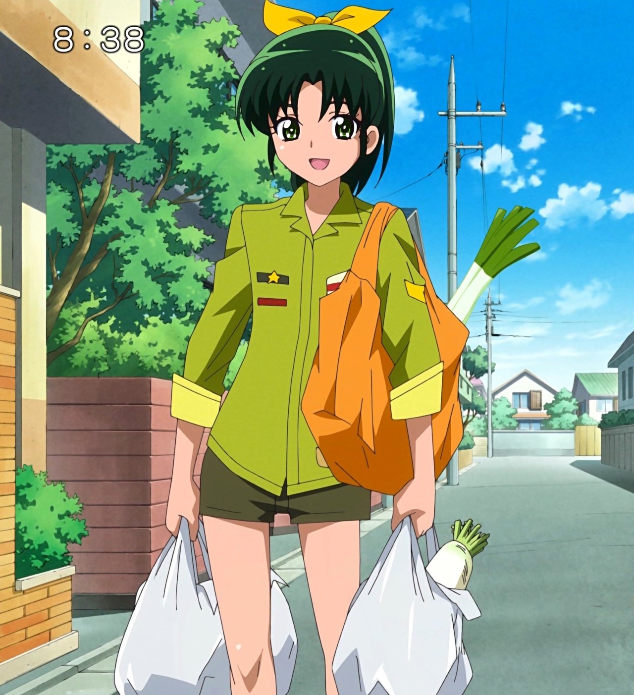 1girl bag carrying green_eyes green_hair groceries highres midorikawa_nao open_mouth ponytail precure ribbon road scenery screencap shorts sleeves_rolled_up smile smile_precure! solo spring_onion stitched street tree