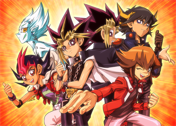 5boys astral_(yuu-gi-ou_zexal) chains dual_persona fudou_yuusei gloves male_focus millennium_puzzle multicolored_hair multiple_boys mutou_yuugi one_eye_closed raku_(howdy) slifer_red_uniform smile thumbs_up tsukumo_yuuma wink yami_yuugi yu-gi-oh! yuu-gi-ou_5d's yuu-gi-ou_duel_monsters yuu-gi-ou_gx yuu-gi-ou_zexal yuuki_juudai