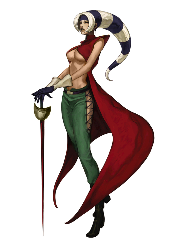 1girl bare_arms boots breasts cape concept_art foxy_(kof) gloves headband king_of_fighters king_of_fighters_2001 lips long_hair multicolored_hair nona official_art purple_hair rapier scrunchie sleeveless snk solo sword the_king_of_fighters the_king_of_fighters_2001 under_boob weapon white_hair