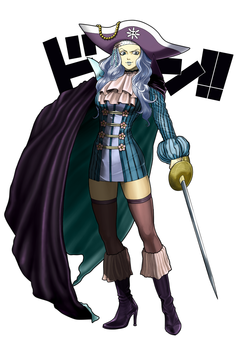 1girl blue_hair boots cape cutlass_(sword) dress female full_body hat high_heel_boots high_heels holding holding_sword holding_weapon jolly_roger lipstick long_hair makeup marineford one_piece pirate pirate_hat shoes simple_background smile solo standing suyu38 sword thigh-highs tricorne weapon white_background whitey_bay zettai_ryouiki
