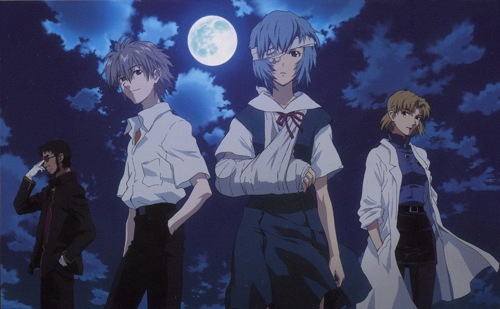 1girl 3boys adjusting_glasses akagi_ritsuko arm_sling ayanami_rei bandage bandage_over_one_eye beard black_hair blonde_hair blue_hair clouds dress facial_hair formal from_below full_moon glasses hand_in_pocket ikari_gendou labcoat moon multiple_boys nagisa_kaworu neon_genesis_evangelion official_art pencil_skirt school_uniform short_hair silver_hair skirt sky suit wind