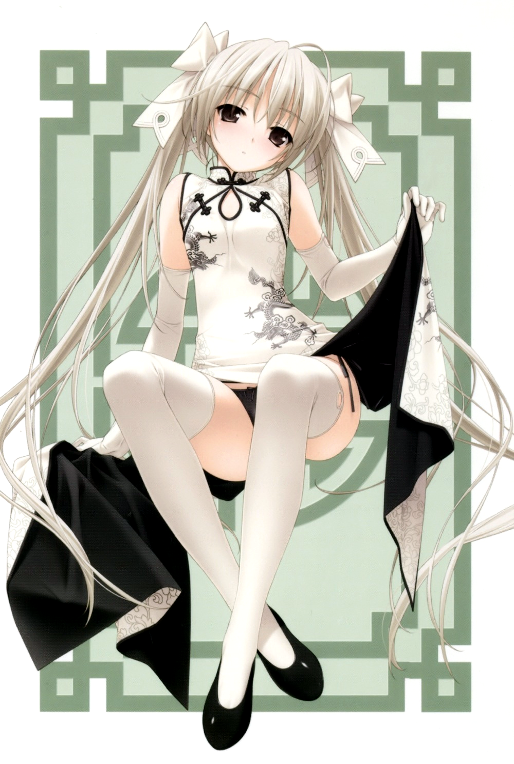 1girl ahoge black_eyes black_panties bow china_dress chinese_clothes dress elbow_gloves flat_chest gloves hair_bow hashimoto_takashi highres kasugano_sora legs long_hair long_legs panties pantyshot pantyshot_(sitting) shoes sitting small_breasts solo thigh-highs thighs twintails underwear very_long_hair white_gloves white_hair white_legwear yosuga_no_sora