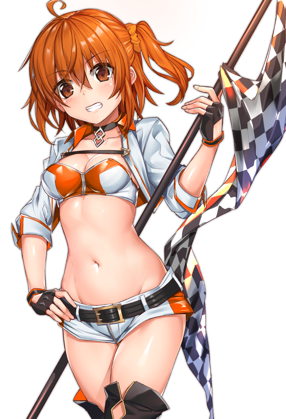 1girl ahoge bangs belt black_gloves blush breasts checkered checkered_flag choker cleavage collarbone cropped_jacket eyebrows_visible_through_hair fate/grand_order fate_(series) fingerless_gloves flag fujimaru_ritsuka_(female) gloves hair_between_eyes hair_ornament hair_scrunchie hand_on_hip highres holding jacket lips looking_at_viewer medium_breasts midriff navel orange_hair racequeen scrunchie short_hair short_shorts shorts shuutou_haruka side_ponytail simple_background solo thigh-highs white_background