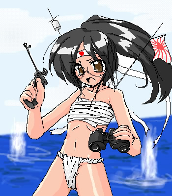 1girl aliasing bangs bare_shoulders binoculars black_hair brown_eyes flag flat_chest fundoshi glasses gun hachimaki handgun headband high_ponytail konoekihei long_hair lowres mecha_musume military navel ocean oekaki open_mouth outdoors personification picket_boat pistol ponytail rising_sun sarashi ship solo sunburst sweatdrop water watercraft weapon world_war_ii