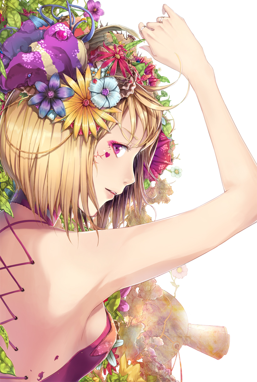 1girl armpits bad_id blonde_hair breasts choker doll eyeshadow face flower highres jewelry jname light_smile lips looking_back lying makeup on_back original profile ring sideboob sideways small_breasts solo violet_eyes when_you_see_it
