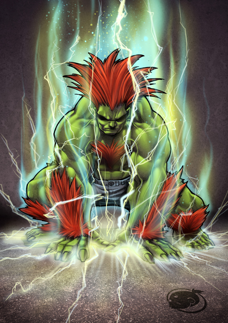 1boy abs all_fours blanka capcom chest_hair electricity green_skin long_hair male_focus muscle orange_hair shaded_face shorts solo spiky_hair squatting street_fighter wakabee