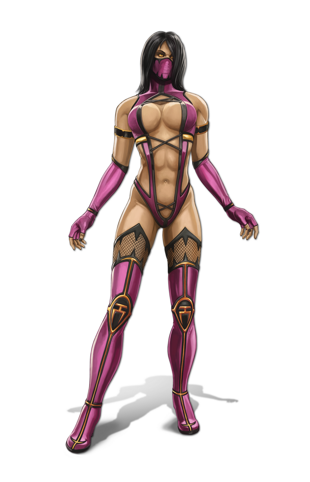 1girl abs black_hair breasts center_opening elbow_gloves fingerless_gloves gloves highres large_breasts mask mileena mortal_kombat navel slit_pupils solo thigh_boots yellow_eyes