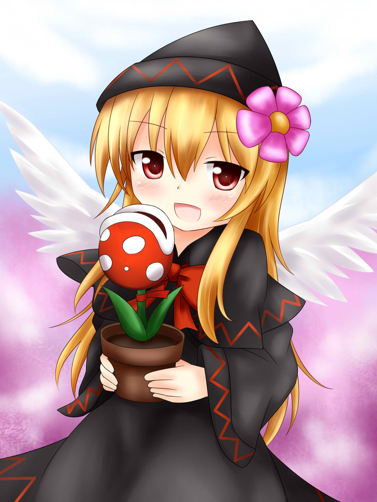 1girl black_dress blonde_hair blue_sky blush bow clouds crossover dress flower hair_flower hair_ornament hat highres holding lily_black lily_white long_hair looking_at_viewer super_mario_bros. open_mouth piranha_plant plant potted_plant purple_background red_eyes ribbon sky super_mario_bros. touhou wings yuyumi_(yuurei)