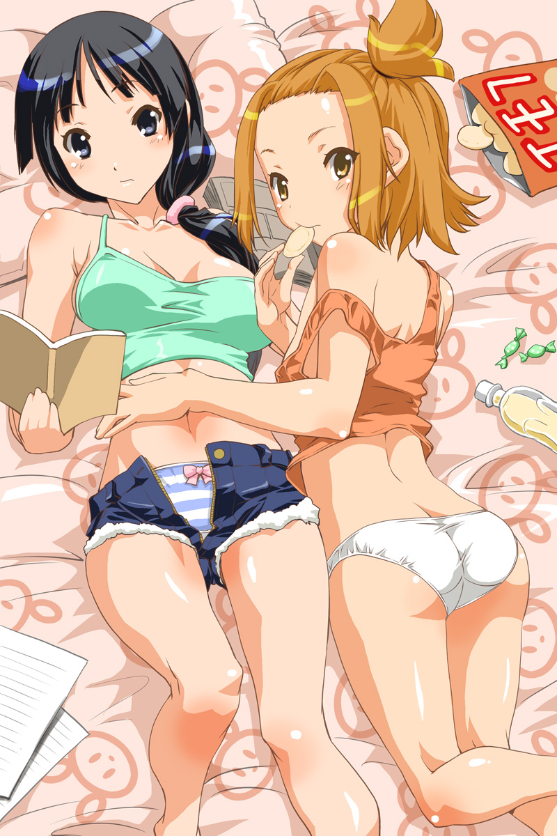 2girls akiyama_mio ass black_eyes black_hair blush book bottle bow bow_panties breasts brown_hair butt_crack camisole candy cleavage denim denim_shorts food highres k-on! legs looking_at_viewer looking_back lying medium_breasts midriff multiple_girls on_back panties pillow ponytail shinama short_hair shorts side_ponytail small_breasts strap_slip striped striped_panties sweets tainaka_ritsu tank_top unbuttoned underwear unzipped white_panties yuri