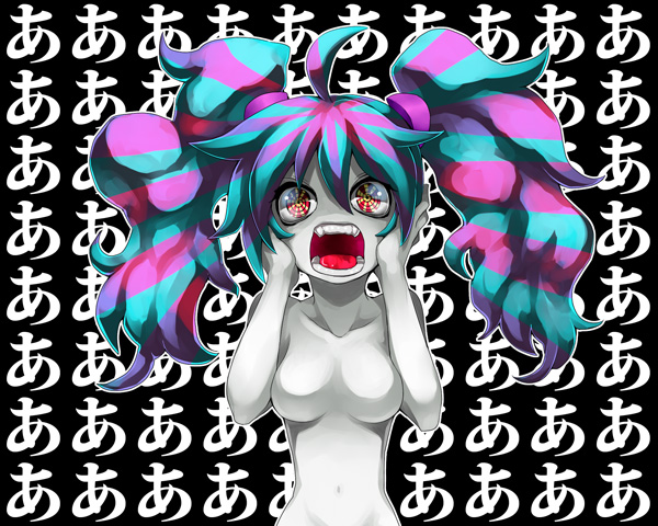 1girl ahoge bad_id blue_hair breasts hatsune_miku medium_breasts multicolored_hair navel no_nipples nude open_mouth purple_hair screaming solo touhi-teki_doukeshi_(vocaloid) twintails two-tone_hair vocaloid zakki