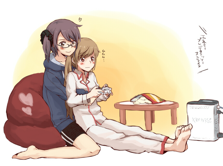 2girls barefoot black_eyes blush brown_eyes brown_hair chikiso controller cuddling food game_console game_controller glasses gym_shorts hood hoodie hug hug_from_behind long_hair multiple_girls okujou_no_yuriei-san okujou_no_yurirei-san pajamas purple_hair scrunchie short_hair short_twintails shorts sitting smile sonou_tsukuyo table toes tsurugimine_kiri twintails wariza wavy_mouth xbox_360 yuri