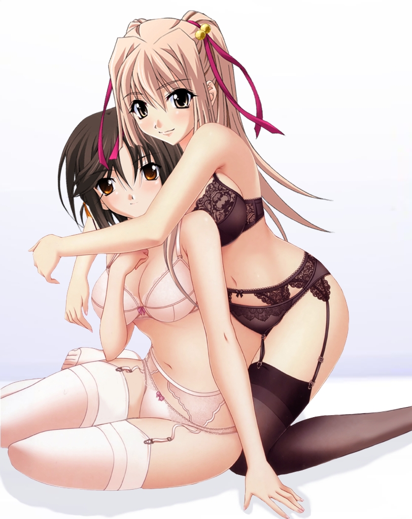 2girls arm_support artist_request blonde_hair blush bra breasts brown_hair cleavage female from_behind garter_belt hair_bobbles hair_ornament hanamatsuri_karin hand_on_another's_chest happy hug hug_from_behind kneeling lace lace-trimmed_bra lace-trimmed_panties lingerie long_hair medium_breasts memories_off multiple_girls nail_polish navel orange_eyes panties photoshop short_hair sitting smile thigh-highs twintails underwear underwear_only yellow_eyes yuri
