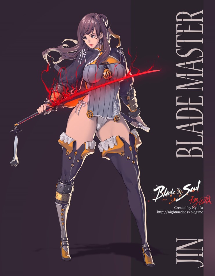 1girl bangs blade_&amp;_soul breasts brown_hair fantasy flaming_sword high_heels impossible_clothes impossible_shirt katana large_breasts lipstick long_hair makeup nightmadness original panties shirt shoes side-tie_panties simple_background sword thigh-highs thighs underwear watermark weapon