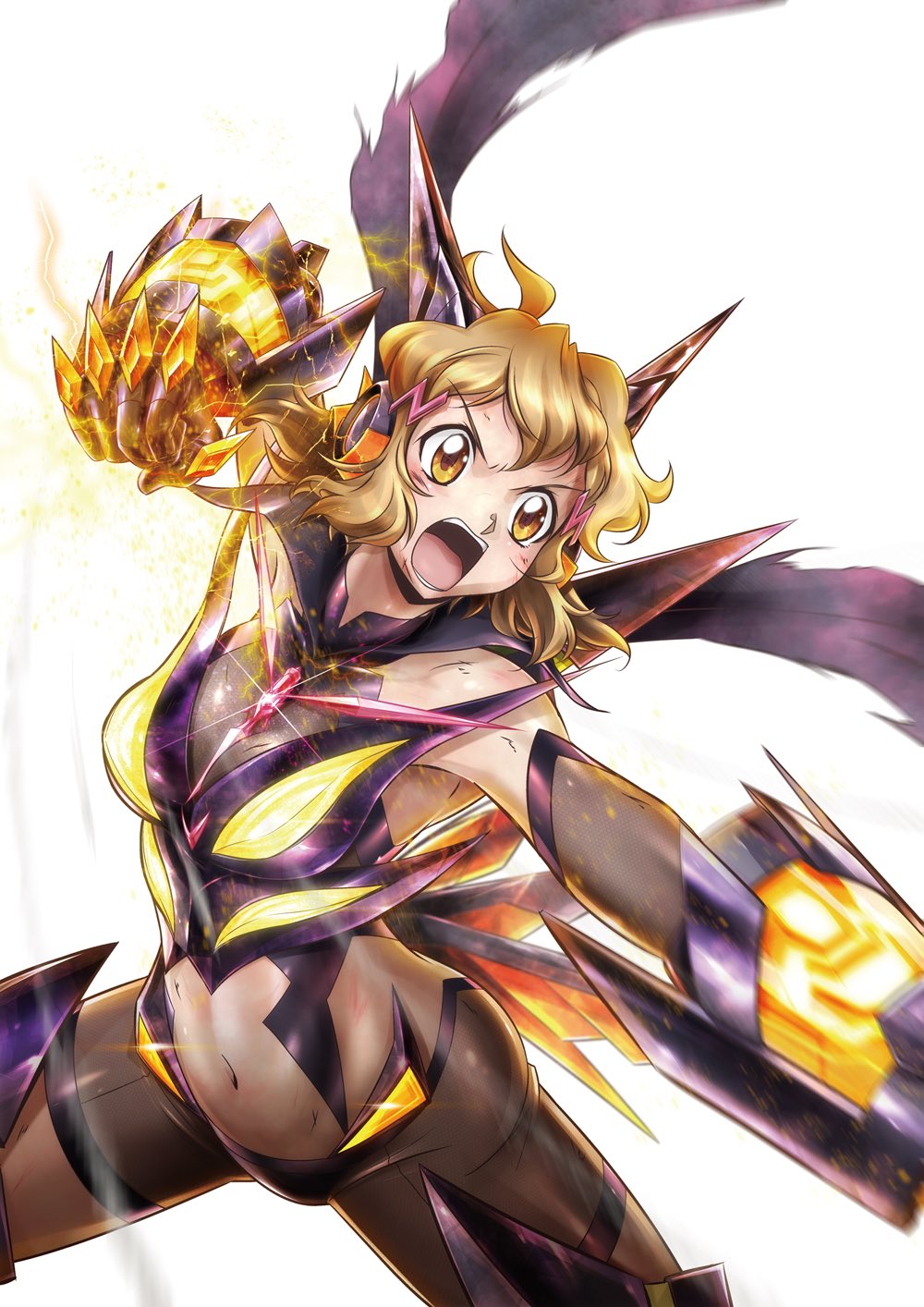 1girl as'maria bare_shoulders between_breasts bike_shorts blush boots breasts brown_hair bruise cleavage clenched_hand cuts gauntlets glowing headgear headphones highres ignite_module injury medium_breasts midriff motion_blur navel_cutout open_mouth orange_eyes punching scarf senki_zesshou_symphogear short_hair shorts shouting simple_background solo tachibana_hibiki_(symphogear) white_background