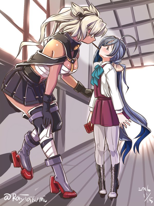 2girls ahoge between_breasts black_gloves black_skirt blush boots breasts budget_sarashi commentary_request dark_skin dated food glasses gloves grey_hair hand_on_own_knee height_difference high_heels indoors kantai_collection kiyoshimo_(kantai_collection) large_breasts long_hair long_sleeves looking_at_another looking_down looking_up midriff multiple_girls musashi_(kantai_collection) navel pantyhose pleated_skirt pocky pocky_kiss purple_legwear rudder_shoes sarashi shared_food shirt skirt sunlight tatsumi_rei thigh-highs thigh_boots twintails twitter_username very_long_hair violet_eyes white_hair white_shirt window