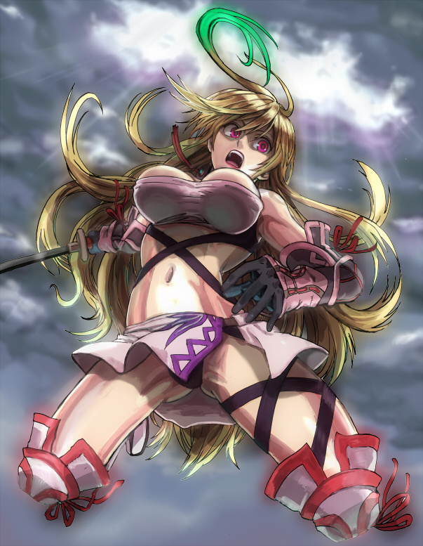 1girl :o ahoge black_panties blonde_hair boots breasts clouds gloves green_hair houhokekyo knee_boots long_hair md5_mismatch midriff milla_maxwell multicolored_hair navel open_mouth panties pantyshot shirt solo strapless surprised sword tales_of_(series) tales_of_xillia taut_clothes taut_shirt tubetop two-tone_hair underwear upskirt violet_eyes weapon
