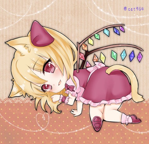 :3 all_fours animal_ears blonde_hair bow cat_ears cat_tail flandre_scarlet hair_bow ichinose_aki looking_back lowres paw_pose pink_legwear puffy_short_sleeves puffy_sleeves red_bow red_eyes red_shoes red_skirt red_vest shoes short_sleeves single_wrist_cuff skirt smile tail touhou twitter_username vest white_bow wings