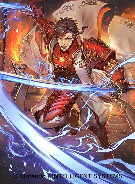 1boy armor armored_boots boots company_name electricity fire fire_emblem fire_emblem_cipher fire_emblem_if gloves headband official_art open_mouth shinonome_(fire_emblem_if) solo sword teeth weapon