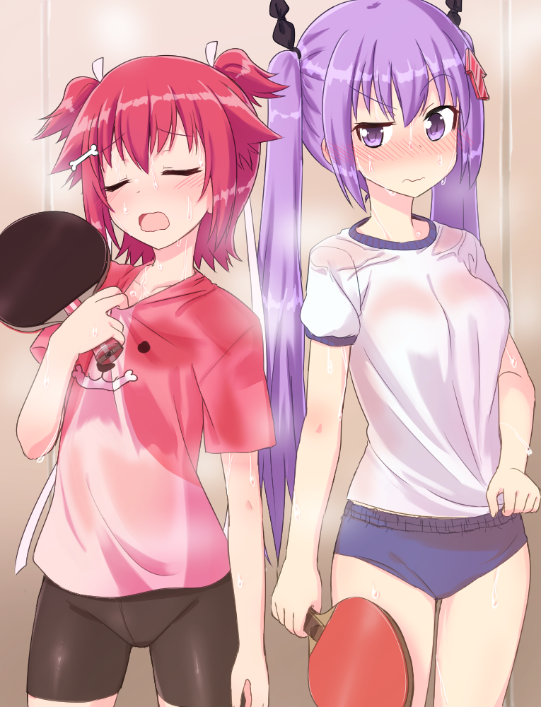 2girls arrow_hair_ornament bike_shorts blush bone_hair_ornament buruma closed_eyes dog_print hair_ribbon hot kamiya_agari kawazu_kento long_hair multiple_girls open_mouth paddle purple_hair redhead ribbon shakunetsu_no_takkyuu_musume short_hair short_twintails sweat sweat_stain sweating sweating_profusely table_tennis_paddle tsumujikaze_koyori twintails uneven_eyes wavy_mouth