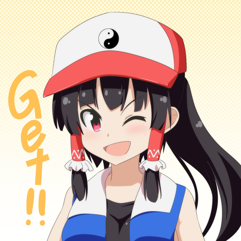 1girl ;d alternate_costume baseball_cap black_hair black_shirt blue_vest cato_(monocatienus) english hair_tubes hakurei_reimu hat looking_at_viewer one_eye_closed open_mouth pokemon pokemon_(anime) ponytail red_eyes red_hat satoshi_(pokemon)_(cosplay) shirt simple_background sleeveless smile solo touhou upper_body vest yin_yang