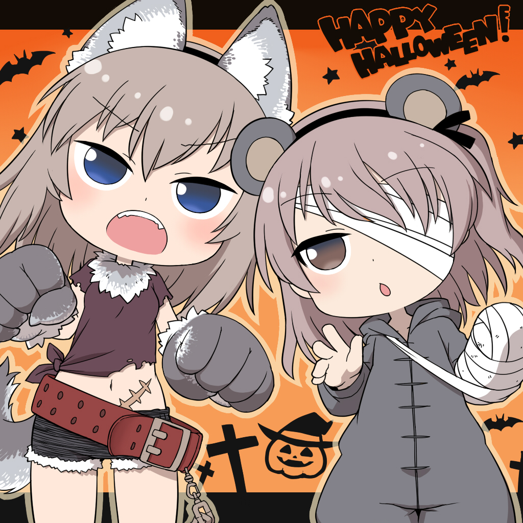 2girls alternate_costume animal_ears bandaged_arm belt blue_eyes brown_eyes brown_hair chestnut_mouth chintai_(mansyontintai) clenched_hands commentary_request eyebrows eyebrows_visible_through_hair fake_animal_ears fake_tail girls_und_panzer hair_ribbon halloween_costume happy_halloween itsumi_erika long_hair looking_at_viewer midriff military military_uniform multiple_girls open_mouth ribbon scar shimada_arisu uniform