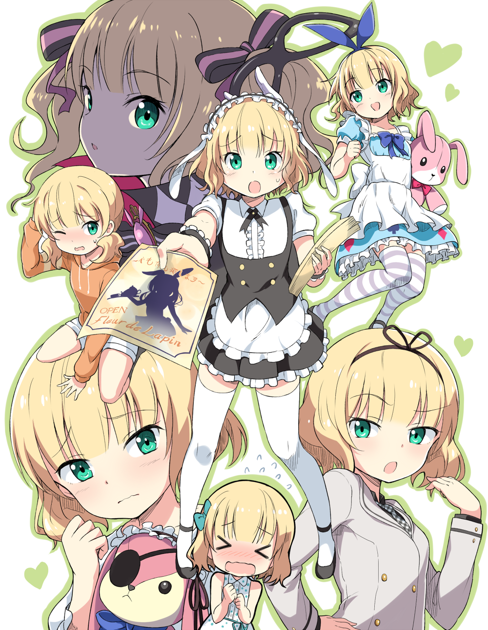 &gt;_&lt; 1girl :d :o alternate_hairstyle animal_ears apron aqua_bow between_legs black_legwear black_ribbon black_shoes blazer blonde_hair blue_bow blue_dress blue_ribbon blush bow bunny_girl bunny_tail center_frills checkered checkered_necktie clenched_hand clenched_hands closed_eyes closed_mouth clover_print collared_shirt cup domino_mask dress english eyebrows eyebrows_visible_through_hair eyepatch fleur_de_lapin_uniform flyer flying_sweatdrops french frilled_apron frills gochuumon_wa_usagi_desu_ka? green_eyes hair_bow hair_ribbon hairband hand_between_legs hand_on_hip hand_on_own_head head_tilt heart_print highres holding_paper hood hoodie jacket kirima_sharo kneehighs lolita_hairband long_hair long_sleeves looking_at_viewer low_twintails mask multiple_views neck_ribbon necktie nose_blush one_eye_closed open_mouth outline outstretched_arm paper_stack parted_lips phantom_thief_lapin polka_dot polka_dot_dress profile puffy_short_sleeves puffy_sleeves rabbit_ears ribbon samnedar school_uniform shirt shoes short_hair short_sleeves shorts silhouette sitting sleeveless sleeveless_dress smile standing striped striped_legwear striped_ribbon stuffed_animal stuffed_bunny stuffed_toy sweatdrop tail teacup teapot thigh-highs tray twintails waist_apron wavy_mouth white_background white_dress white_legwear white_shirt white_shorts wing_collar wrist_cuffs