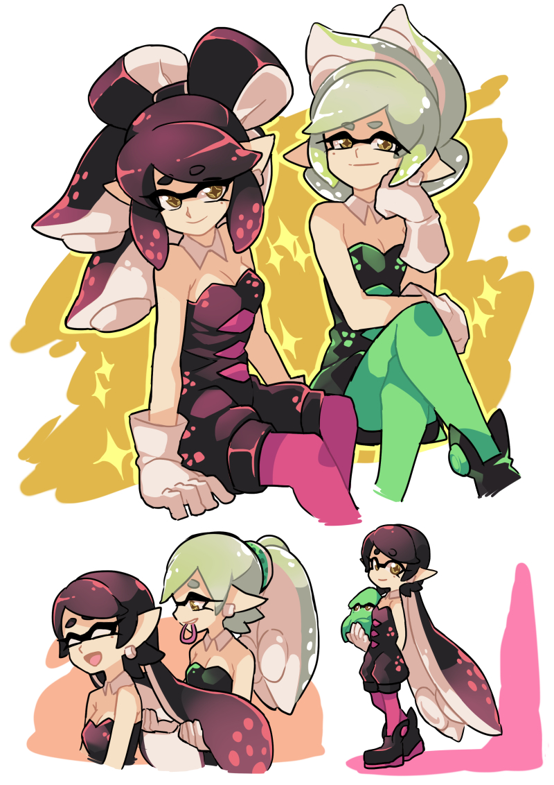 +_+ 2girls alternate_hairstyle aori_(splatoon) biting breasts cleavage closed_eyes domino_mask gloves hairdressing holding hotaru_(splatoon) mask mole multiple_girls open_mouth pointy_ears sitting smile sparkle splatoon tentacle_hair wong_ying_chee yellow_eyes