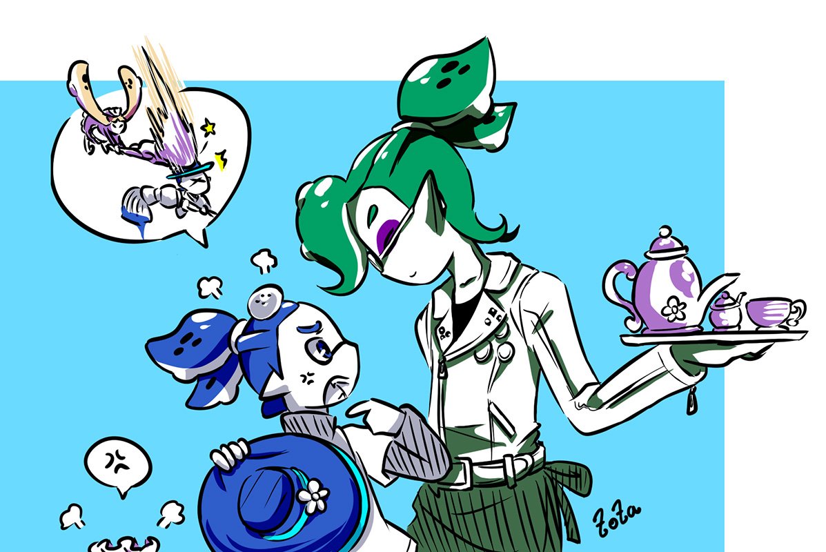 &gt;_&lt; 1girl 2boys anger_vein angry artist_name blue_eyes blue_hair closed_eyes cup domino_mask donut_(zoza) dress fangs flower fume glasses green_hair hat hat_flower head_bump headwear_removed height_difference holding inkling jumping layered_clothing lollipop_(zoza) long_hair looking_at_another maid maid_headdress mask multiple_boys octobrush_(splatoon) partially_colored pointy_ears samurai_(zoza) short_hair short_over_long_sleeves shouting signature speech_bubble splatoon standing star teacup teapot tentacle_hair tray upper_body zoza