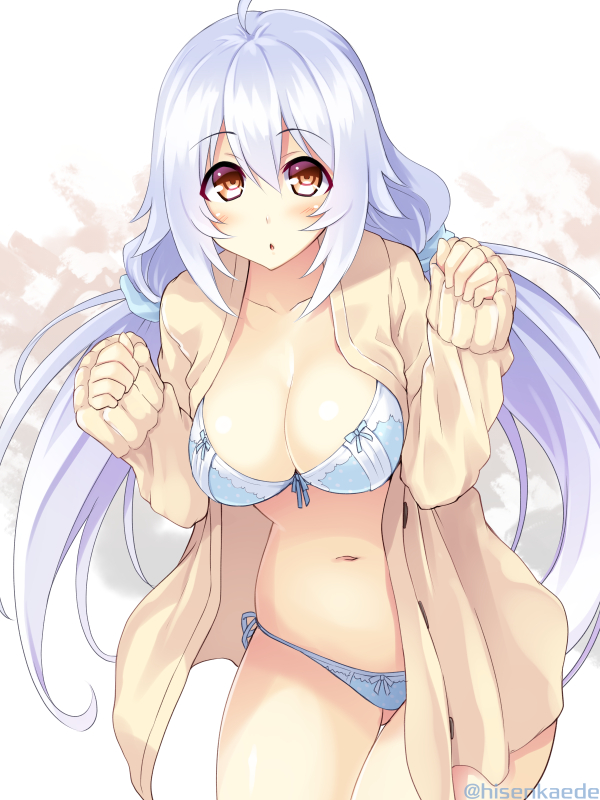 1girl :o animal_ears bangs bikini bikini_under_clothes blue_bikini blue_bow blush bow breasts cleavage cowboy_shot cu-no eyebrows eyebrows_visible_through_hair gluteal_fold hair_between_eyes hair_ornament hair_scrunchie jacket kikyou-0423 long_hair long_sleeves looking_at_viewer low_twintails medium_breasts open_clothes open_jacket rapua_qive red_eyes scrunchie side-tie_bikini silver_hair sleeves_past_wrists solo stomach swimsuit thigh_gap twintails twitter_username unbuttoned very_long_hair white_background