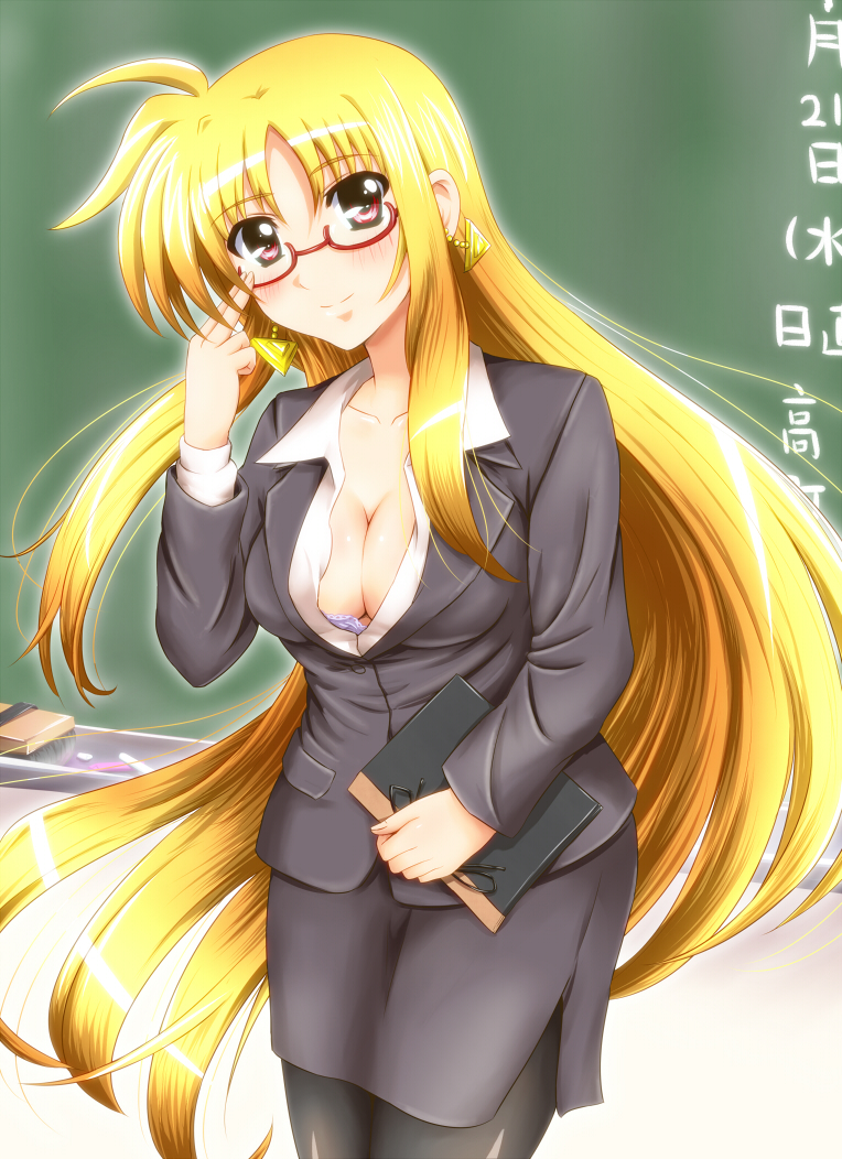 00s 1girl blonde_hair blush bra breasts cleavage diesel-turbo earrings fate_testarossa female formal glasses jacket jewelry lingerie long_hair lyrical_nanoha mahou_shoujo_lyrical_nanoha medium_breasts open_clothes pantyhose pencil_skirt red-framed_eyewear red-framed_glasses red_eyes side_slit skirt skirt_suit smile solo suit teacher unbuttoned underwear very_long_hair