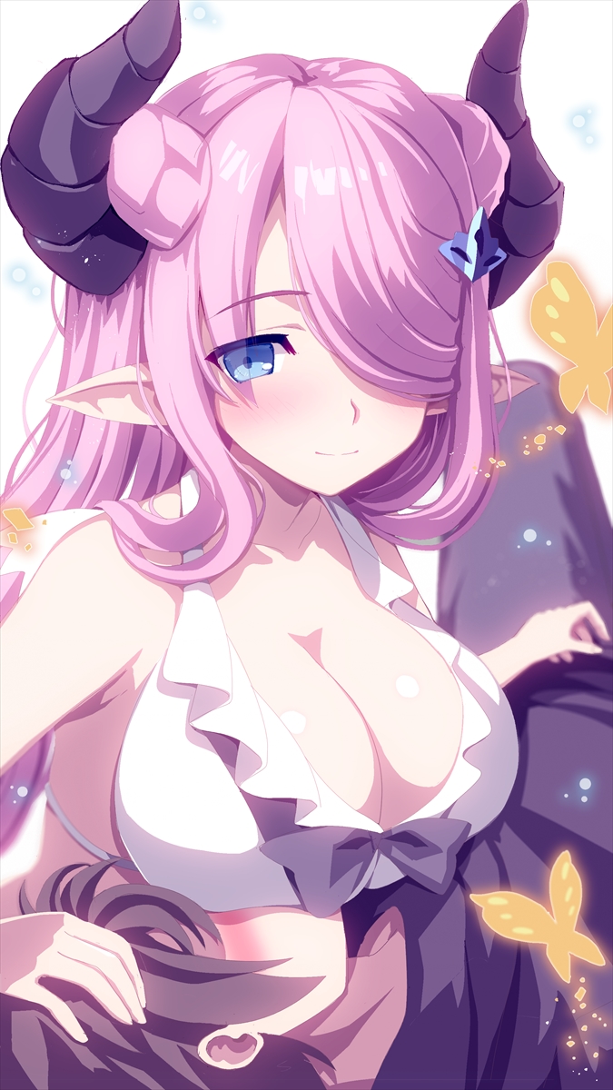 1boy 1girl bare_shoulders bikini black_hair black_pants blue_eyes blurry blush breast_rest breasts breasts_on_head butterfly cleavage closed_mouth depth_of_field doraf eyebrows eyebrows_visible_through_hair eyes_visible_through_hair glowing_butterfly granblue_fantasy hair_ornament hair_over_one_eye hairclip hand_on_another's_head highres horns knee_up large_breasts lavender_hair light_particles long_hair looking_at_viewer lying narumeia_(granblue_fantasy) on_back one_eye_covered pants pointy_ears smile swimsuit tranquillianusmajor white_background white_bikini