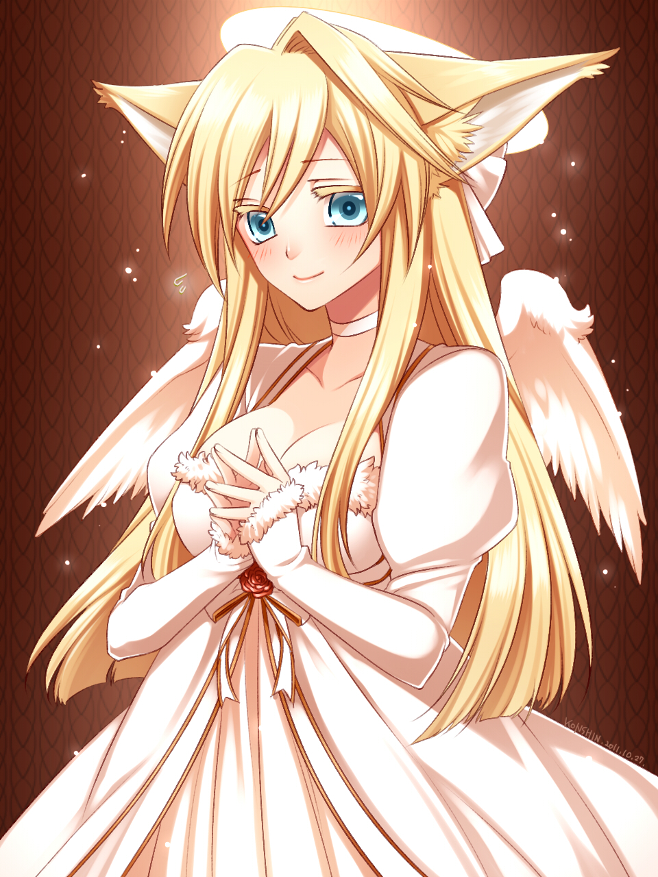 1girl angel angel_wings animal_ears ban'ya_(konshin) blonde_hair blue_eyes blush breasts cleavage colored_eyelashes fox_ears halo highres konshin large_breasts original pixiv_forest smile solo steepled_fingers wings