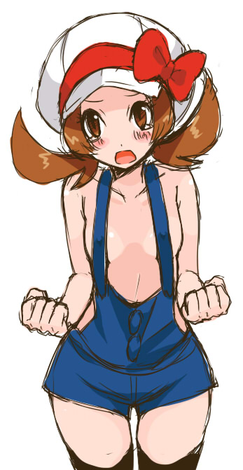 00s 1girl agemono blush brown_eyes brown_hair clenched_hand clenched_hands hat hat_ribbon kotone_(pokemon) looking_at_viewer naked_overalls open_mouth overalls pokemon pokemon_(game) pokemon_hgss red_ribbon ribbon short_shorts short_twintails shorts simple_background solo tears thigh-highs twintails white_background zettai_ryouiki
