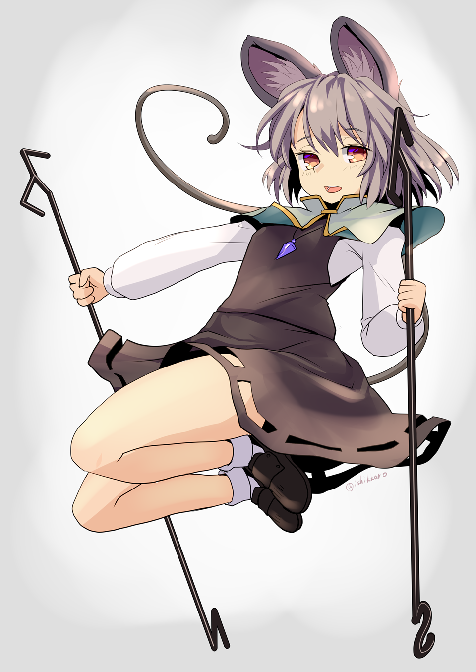 1girl animal_ears capelet dowsing_rod dress grey_hair highres ishikkoro jumping long_sleeves looking_at_viewer mouse_ears mouse_tail nazrin open_mouth red_eyes smile tail touhou