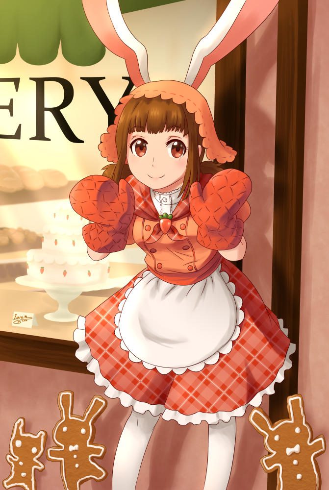 1girl animal_ears apron artist_name bakery bread brown_eyes brown_hair cake cake_stand capelet carrot_necklace food gingerbread_cookie hands_up high_collar hood lareindraws leaning_forward looking_at_viewer original oven_mitts pantyhose plaid plaid_skirt rabbit_ears shadow shop short_hair sidelocks skirt smile solo storefront white_legwear