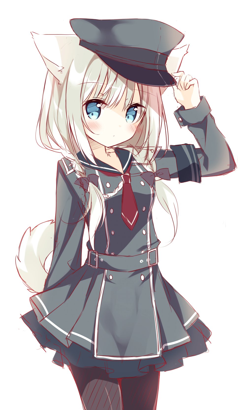1girl adjusting_clothes adjusting_hat animal_ears arm_behind_back arm_up belt black_bow black_legwear blonde_hair blue_eyes blush bow character_request commentary_request copyright_request dog_ears dog_tail hair_bow hat highres hoshi_(snacherubi) long_sleeves looking_at_viewer low_twintails military military_hat military_uniform simple_background tail twintails uniform white_background