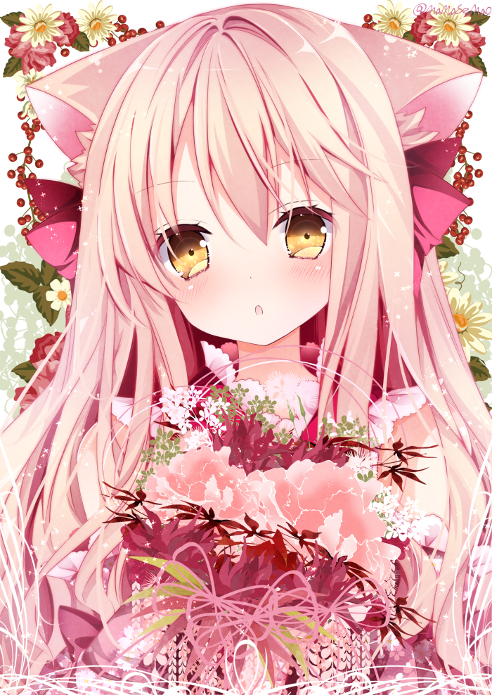 1girl :o animal_ears berries blush bouquet carnation daisy dog_ears floral_background flower hair_ribbon head_tilt long_hair looking_at_viewer nanase_nao original pink pink_hair ribbon solo twitter_username upper_body yellow_eyes