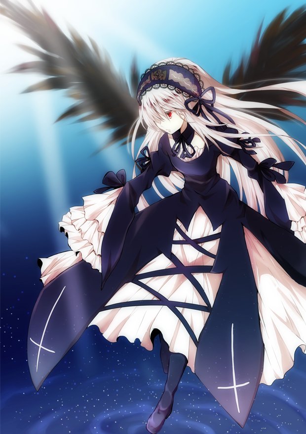 1girl black_ribbon black_wings dress feathered_wings frills full_body gothic_lolita hairband lolita_fashion lolita_hairband nakukoroni red_eyes ribbon rozen_maiden silver_hair solo suigintou wings