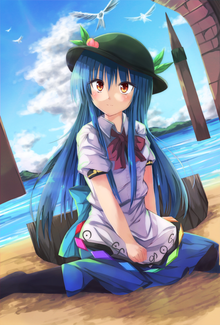 1girl bad_hands bird black_legwear blue_hair blush bow bowtie breasts fuussu_(21-kazin) hat hinanawi_tenshi keystone lake layered_skirt light_smile long_hair long_skirt looking_at_viewer medium_breasts pantyhose red_eyes sitting skirt smile solo touhou very_long_hair water yokozuwari