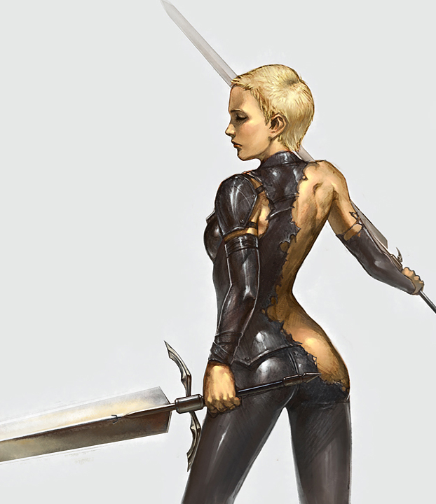 1girl blonde_hair bodysuit claymore claymore_(sword) closed_eyes deneve detached_sleeves dual_wielding from_behind leo_chuang pauldrons short_hair solo sword torn_clothes weapon