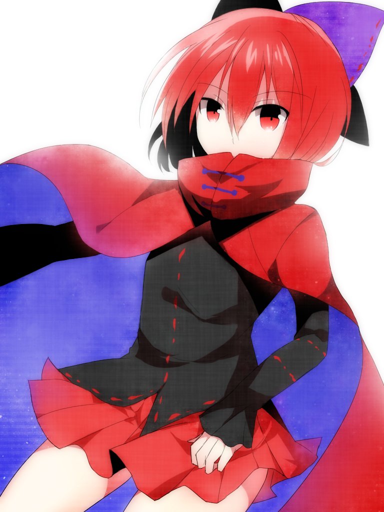 1girl bow cape cowboy_shot hair_bow long_sleeves looking_at_viewer nakukoroni red_cape red_eyes red_skirt redhead sekibanki short_hair skirt solo touhou