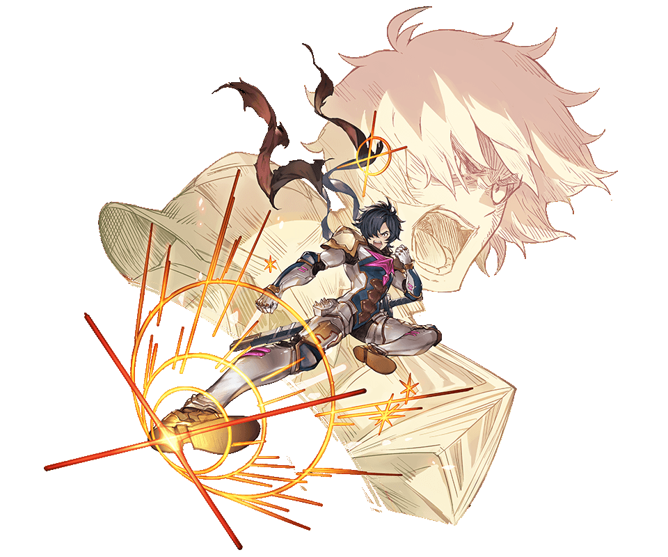 1boy angry armor black_hair boots clenched_hand full_body granblue_fantasy hair_over_one_eye kicking male_focus minaba_hideo official_art open_mouth projected_inset scarf sentai shirou_(granblue_fantasy) short_hair solo sword transparent_background weapon